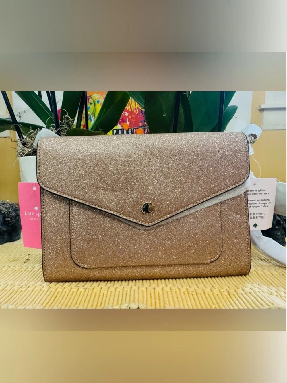 NWT Kate Spade Retail $279 Tinsel Flap Crossbody- Rose Gold Glitter